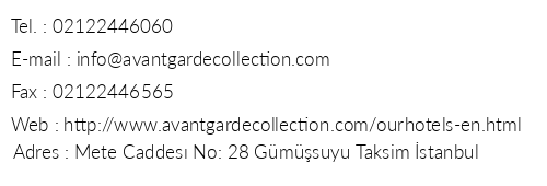 Avantgarde Taksim Square Hotel telefon numaralar, faks, e-mail, posta adresi ve iletiim bilgileri